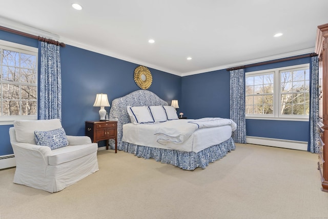 carpeted bedroom featuring multiple windows, ornamental molding, and baseboard heating