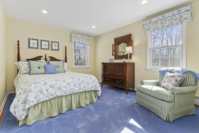 bedroom with carpet floors, recessed lighting, and baseboards