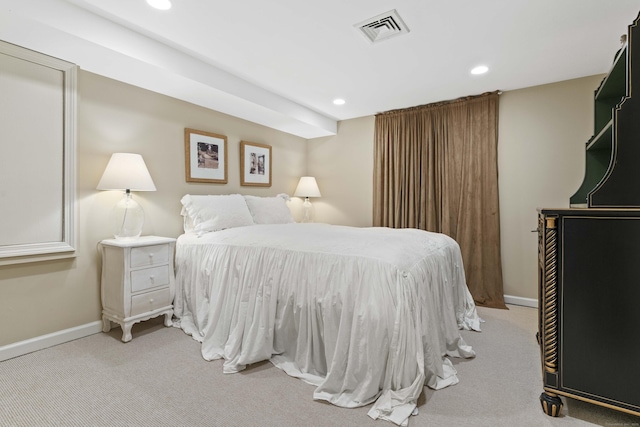 carpeted bedroom with baseboards, visible vents, and recessed lighting