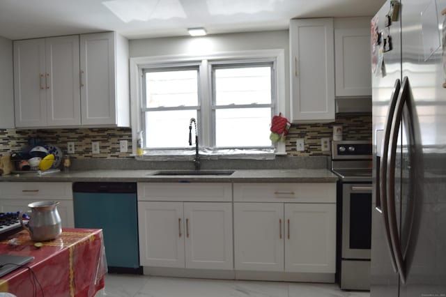 kitchen featuring stainless steel appliances, sink, white cabinets, and decorative backsplash