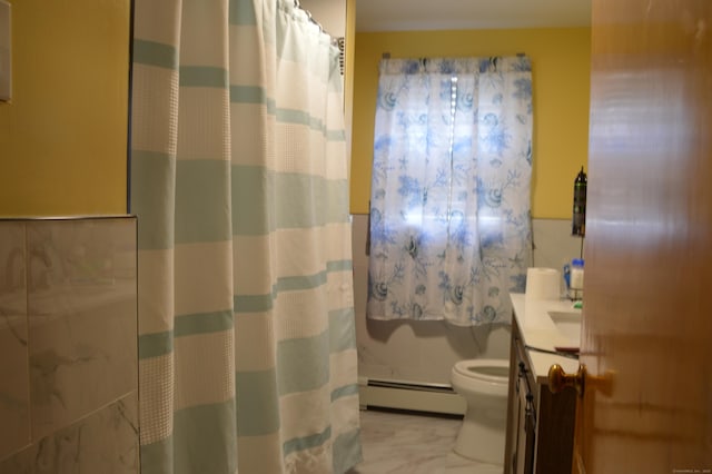 bathroom featuring vanity, a shower with shower curtain, toilet, and baseboard heating