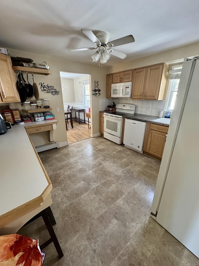 kitchen featuring ceiling fan, white appliances, decorative backsplash, and a baseboard heating unit