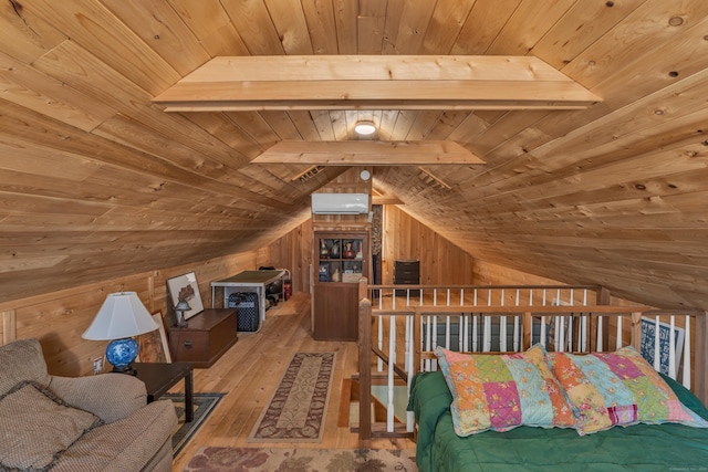 bedroom with hardwood / wood-style floors, a wall mounted air conditioner, wooden walls, vaulted ceiling with beams, and wooden ceiling