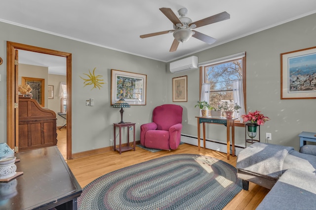 living area with ornamental molding, light hardwood / wood-style flooring, and an AC wall unit