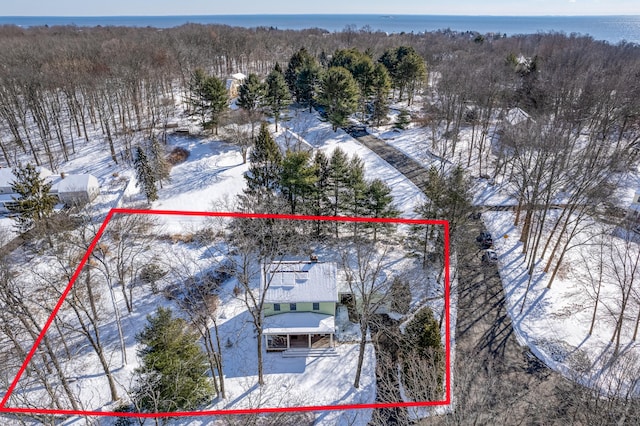 snowy aerial view featuring a water view