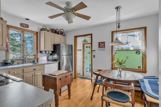 kitchen featuring pendant lighting, a healthy amount of sunlight, sink, and light wood-type flooring