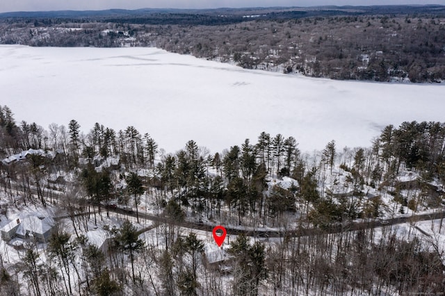 snowy aerial view featuring a forest view