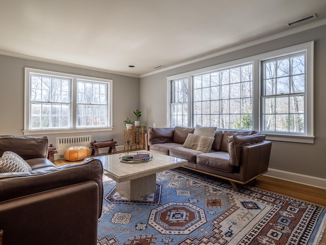 living area featuring dark wood-style flooring, crown molding, radiator, visible vents, and baseboards