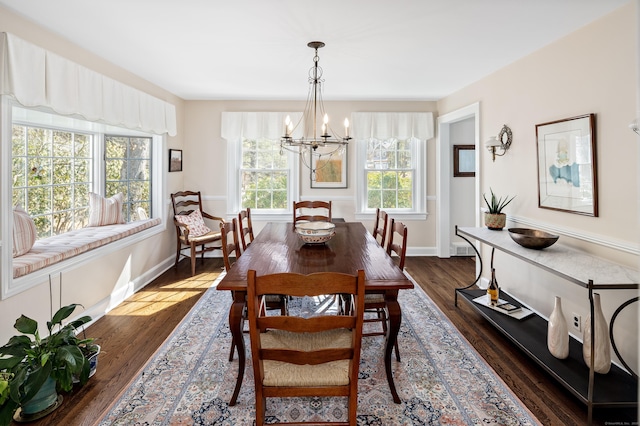 dining area featuring an inviting chandelier, dark wood-style floors, and baseboards