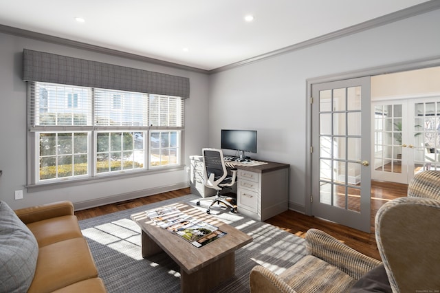 office with dark wood-style floors, french doors, baseboards, and crown molding