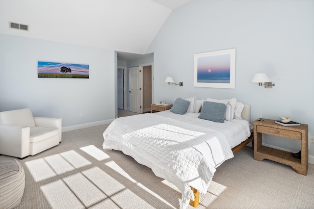 bedroom featuring high vaulted ceiling, carpet, visible vents, and baseboards