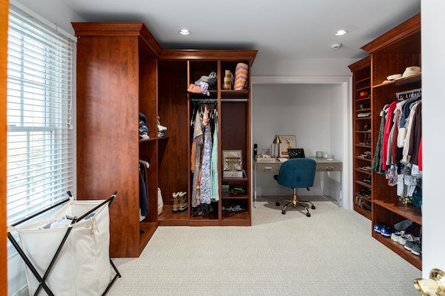 spacious closet with light colored carpet