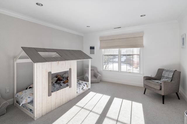 bedroom featuring light carpet, baseboards, visible vents, and crown molding