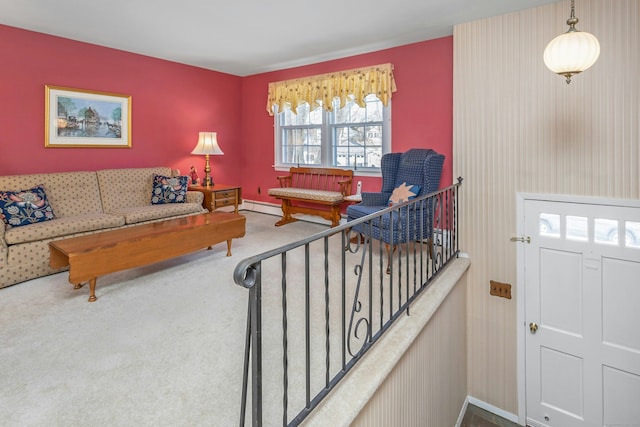 living room featuring a baseboard radiator, stairs, baseboards, and carpet floors