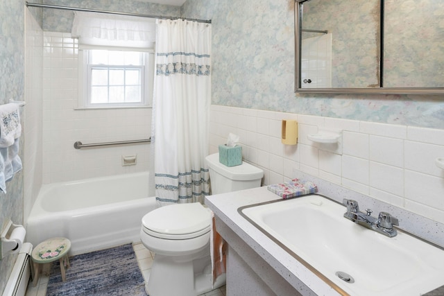 full bathroom featuring wallpapered walls, toilet, wainscoting, shower / bath combination with curtain, and tile walls