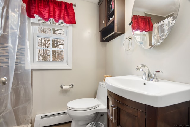 bathroom with vanity, toilet, curtained shower, and a baseboard heating unit