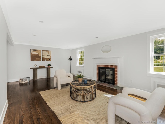 living room with wood-type flooring, ornamental molding, and a fireplace