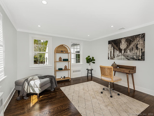 home office with hardwood / wood-style flooring and ornamental molding