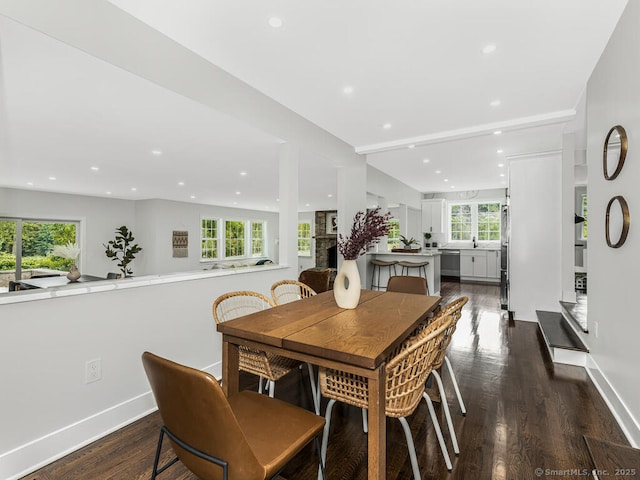 dining area featuring dark wood-type flooring