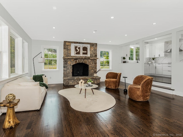 living room featuring a stone fireplace, dark hardwood / wood-style floors, and a healthy amount of sunlight