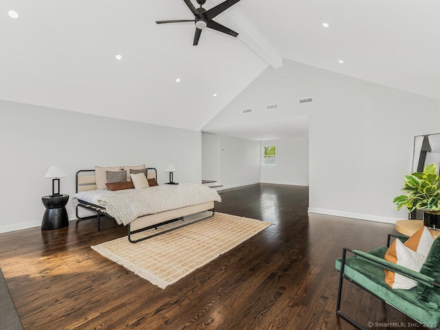 bedroom with beamed ceiling, ceiling fan, high vaulted ceiling, and dark wood-type flooring