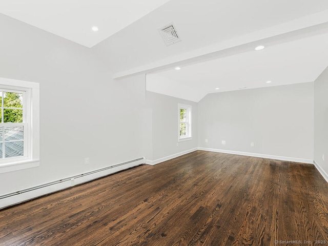 empty room featuring vaulted ceiling with beams, dark hardwood / wood-style flooring, and a baseboard heating unit