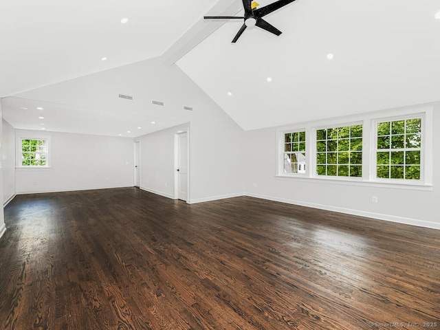 unfurnished living room with ceiling fan, dark hardwood / wood-style flooring, high vaulted ceiling, and beam ceiling