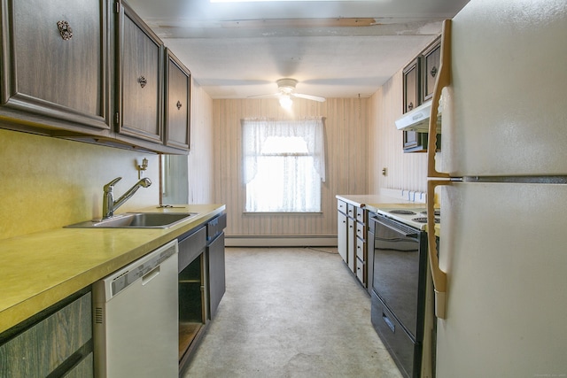 kitchen featuring dishwasher, sink, white refrigerator, electric range, and dark brown cabinetry