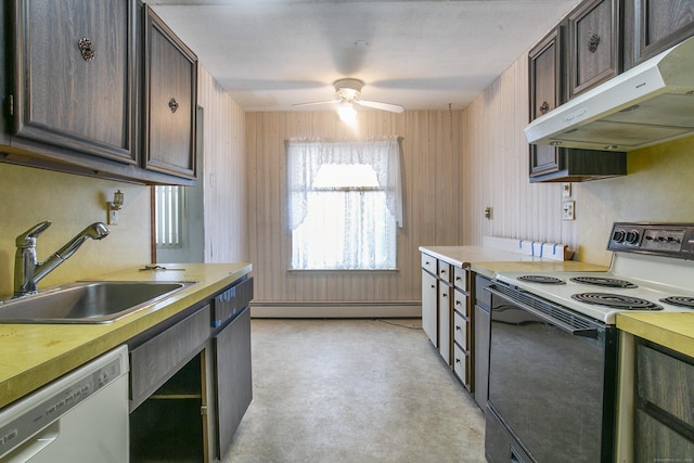 kitchen with dark brown cabinetry, electric range oven, sink, and white dishwasher