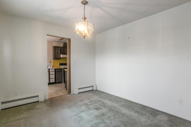 spare room with an inviting chandelier, a baseboard radiator, and carpet flooring