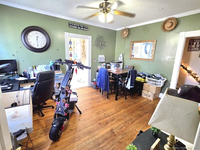 office with hardwood / wood-style floors, crown molding, and a textured ceiling