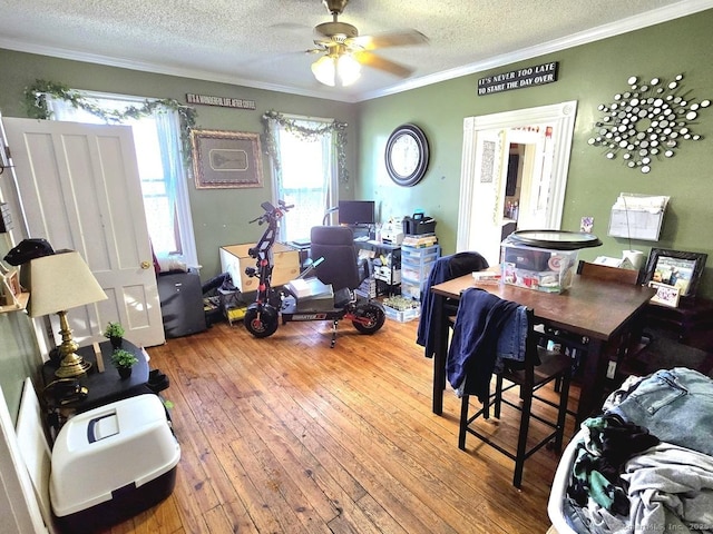 dining area featuring ceiling fan, ornamental molding, wood-type flooring, and a textured ceiling