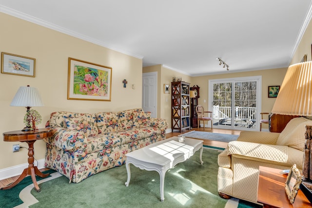 living area featuring baseboards and ornamental molding