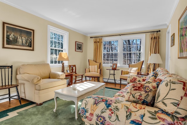 living room featuring a baseboard heating unit, wood finished floors, and crown molding