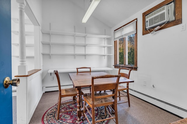 dining area with carpet floors, baseboard heating, vaulted ceiling, and a wall unit AC