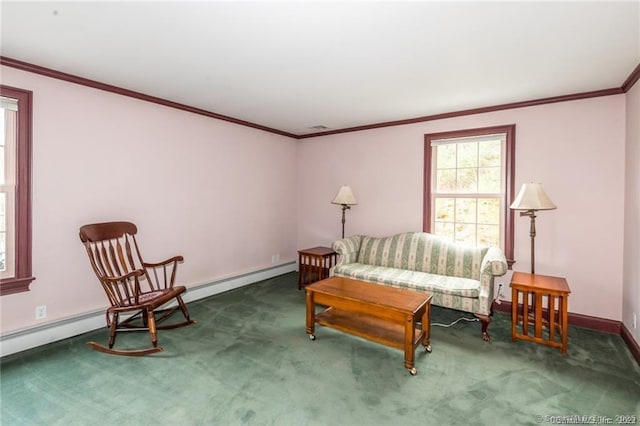 carpeted living room with a baseboard radiator and ornamental molding