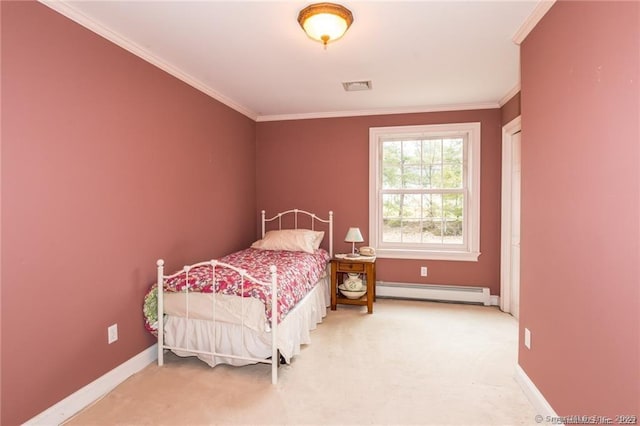 bedroom featuring crown molding, carpet flooring, and a baseboard heating unit