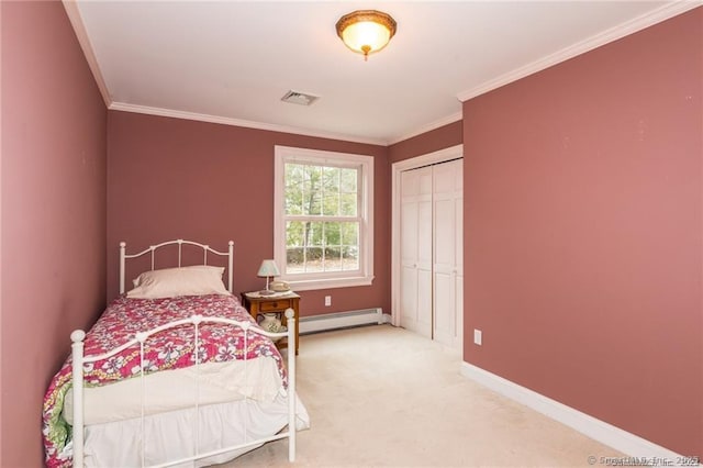 bedroom featuring carpet floors, ornamental molding, a closet, and a baseboard radiator