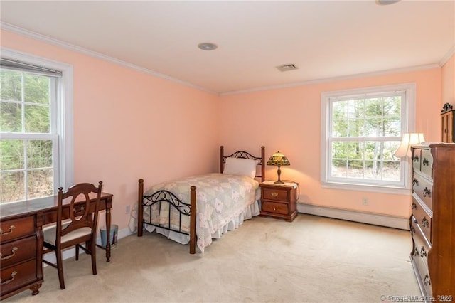 bedroom featuring baseboard heating, light colored carpet, and crown molding