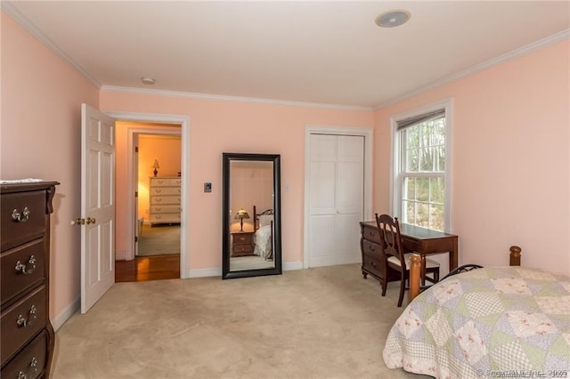 carpeted bedroom with crown molding and a closet