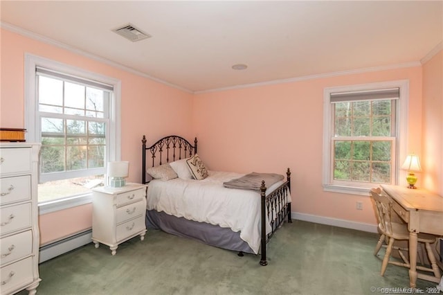 carpeted bedroom featuring multiple windows, a baseboard radiator, and ornamental molding