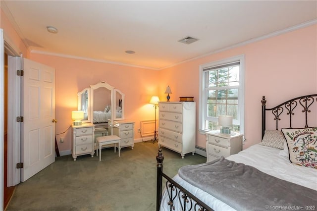 carpeted bedroom featuring a baseboard heating unit and ornamental molding