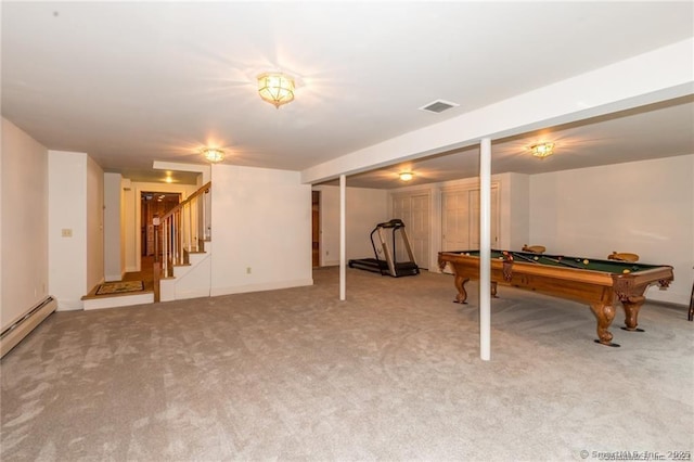 playroom featuring baseboard heating, light colored carpet, and pool table