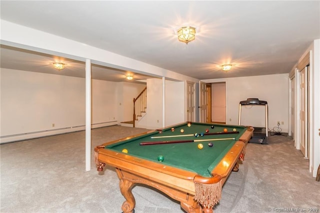 recreation room with pool table, a baseboard radiator, and carpet