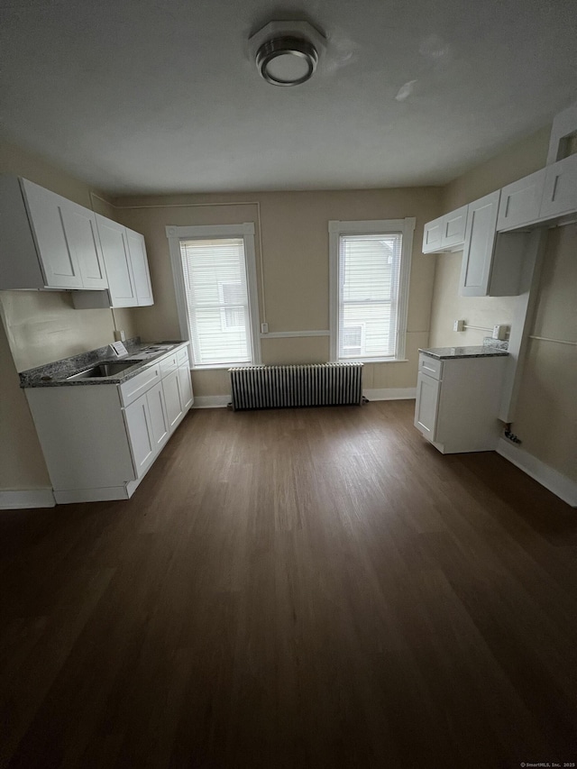 kitchen with dark hardwood / wood-style floors, radiator, and white cabinets