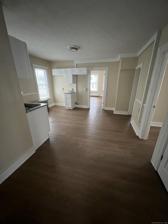 interior space with a healthy amount of sunlight, dark wood-type flooring, white cabinets, and ornamental molding