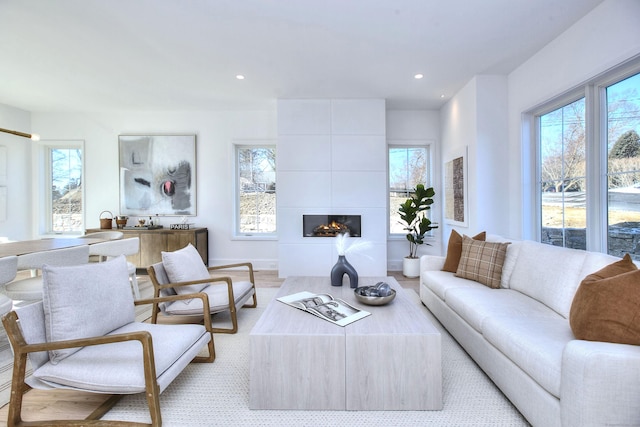 living room featuring a fireplace and recessed lighting