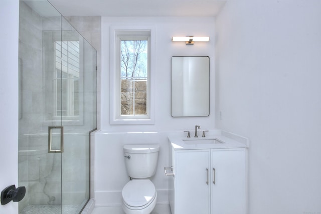 full bathroom featuring toilet, a shower stall, and vanity