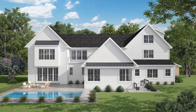 rear view of house featuring a yard, a shingled roof, and a patio