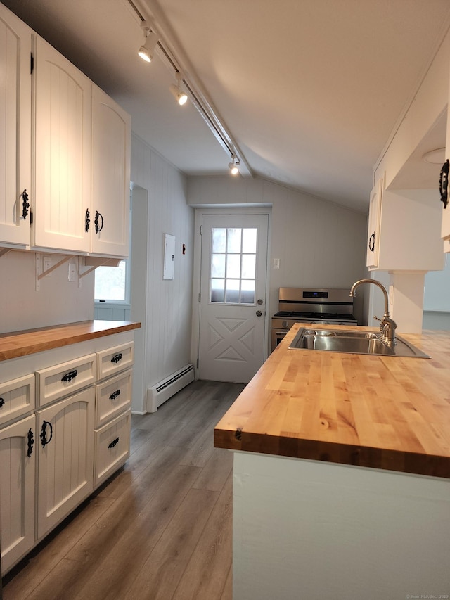 kitchen featuring track lighting, a baseboard heating unit, and butcher block counters